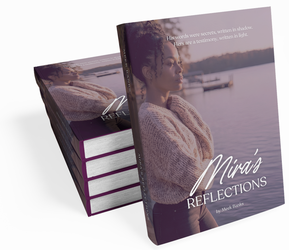 Mira’s Reflections book displayed as a hardcover mockup and stacked copies